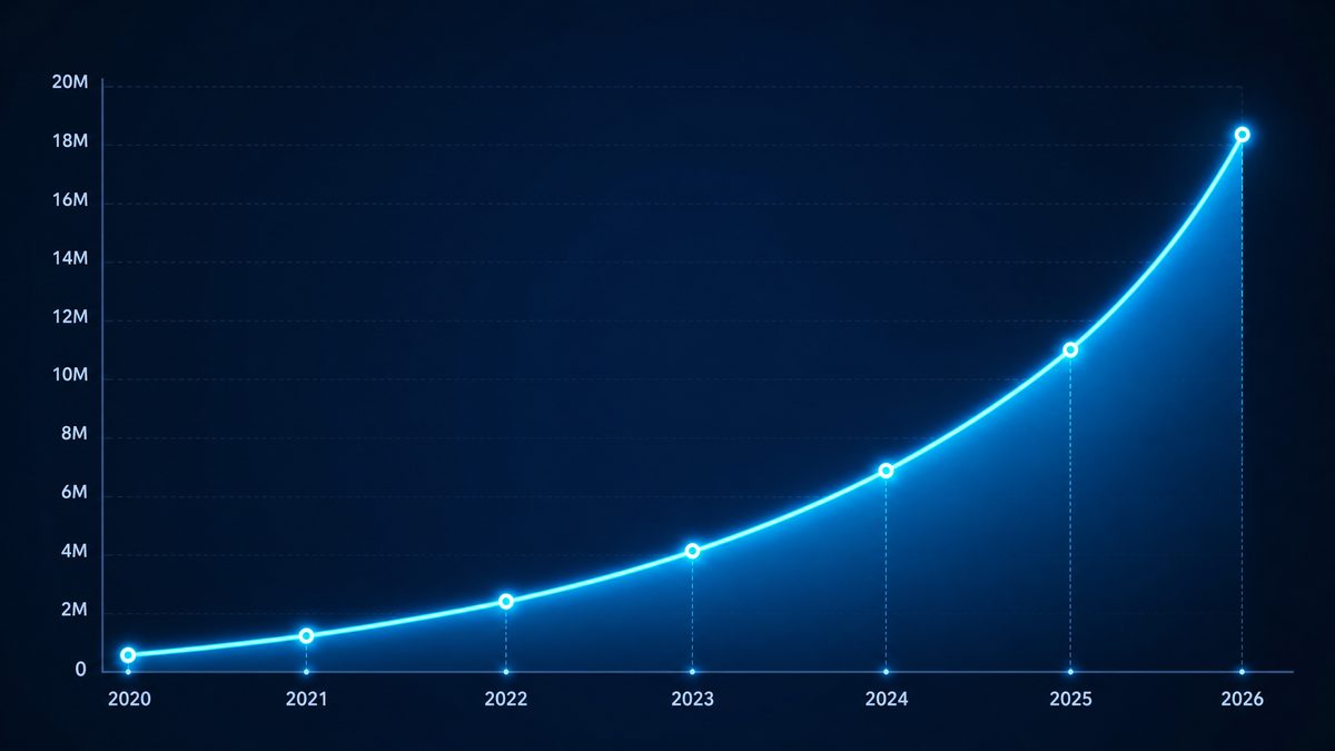 电影在线用户增长数据图表,展示2020-2026年注册用户从50万增长至1800万的趋势